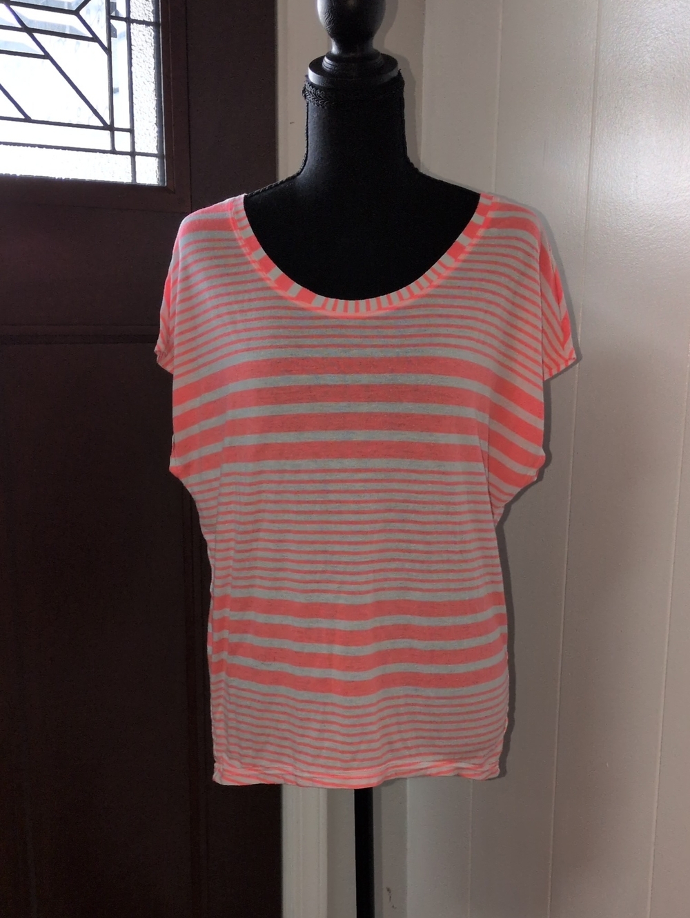 "Aerie" Striped Neon Coral and White Short Sleeve Women’s Top